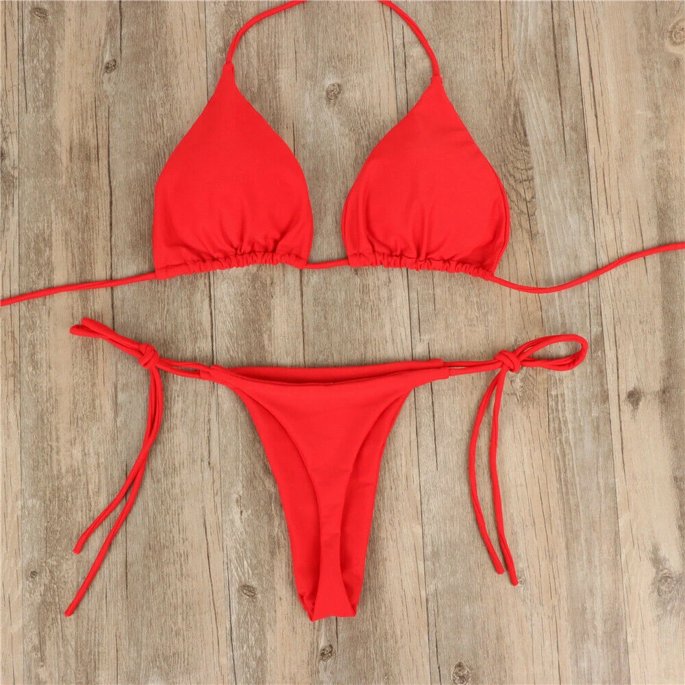 Women's Ultra Thin Elastic Thong Bikini Set Side Tie Sexy Solid Color Swimsuit Bandage Style Brazilian Swimwear