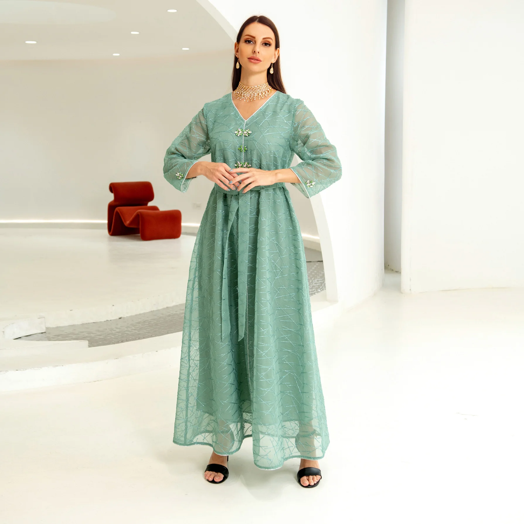 

Muslim Dress Mesh Breathable All Seasons Universal Abaya Handmade Beaded Dress