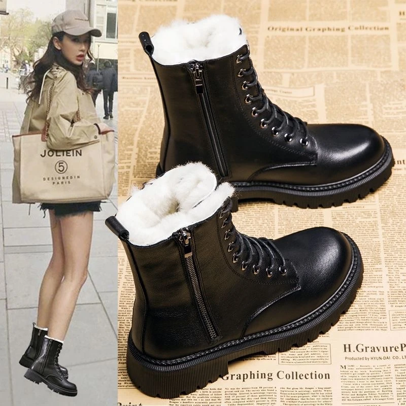 

Autumn Winter Boots Women's Shoes Plus Velvet Warm Martin Boots Round Leather Ankle Boots Stretch Black Boots Comfortable Boots