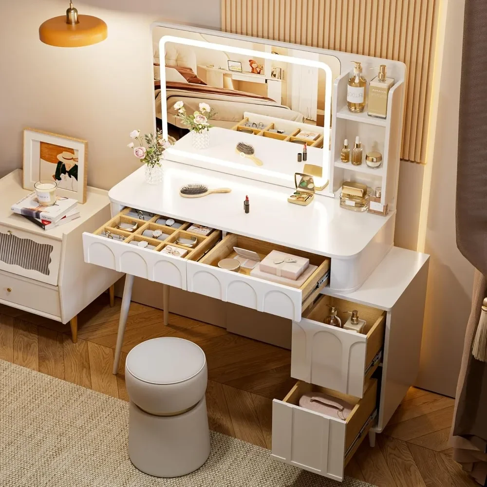 Туалетный столик для макияжа 3-цветная подсветка и зеркало туалетный с зарядной