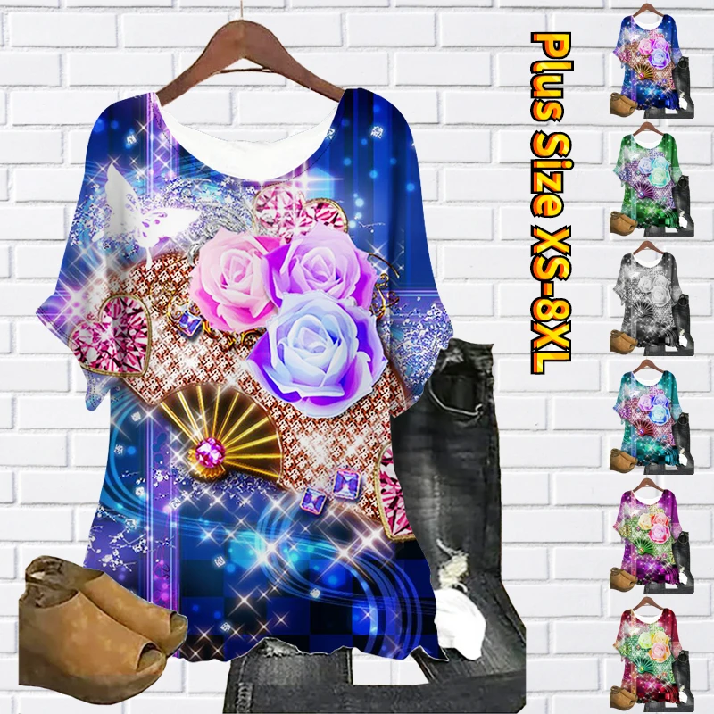 

Summer Women Round Neck Loose T Shirt Top Elegance T-shirt Short Sleeve New Design Printing Pullover Casual T Shirts Women Tops