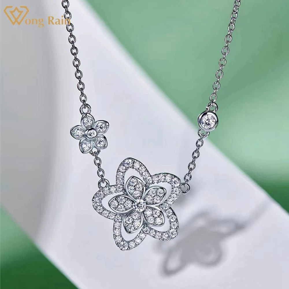 

Wong Rain 100% 925 Sterling Silver Flower Created Moissanite Gemstone Wedding Party Pendant Necklace For Women Fine Jewelry Gift