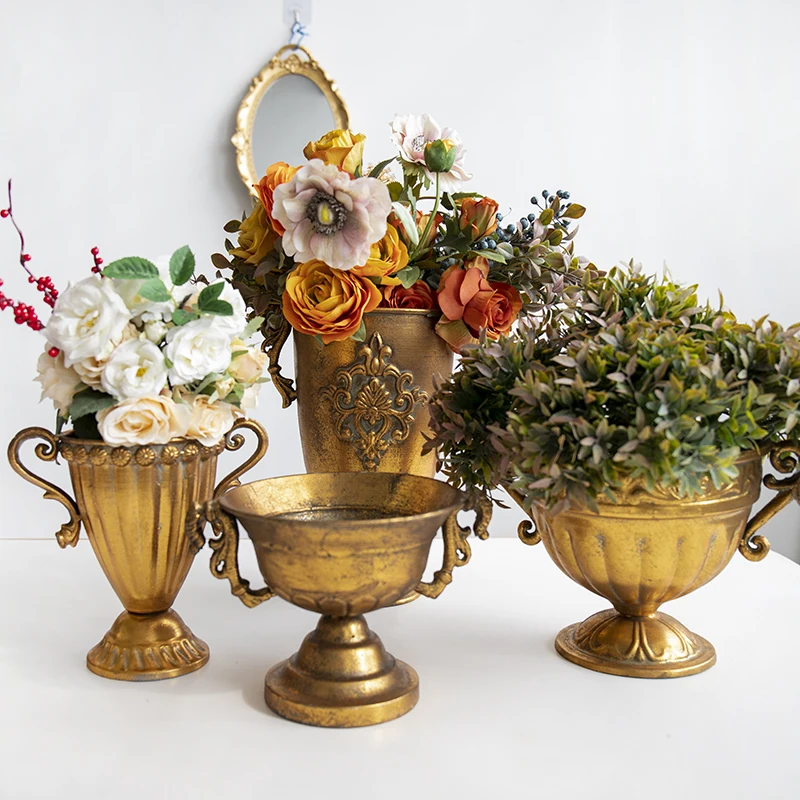 

Золотая бинауральная ваза, ретро кованый железный цветок, европейский стиль, римская колонна, Цветочная композиция Настольный украшения дл...