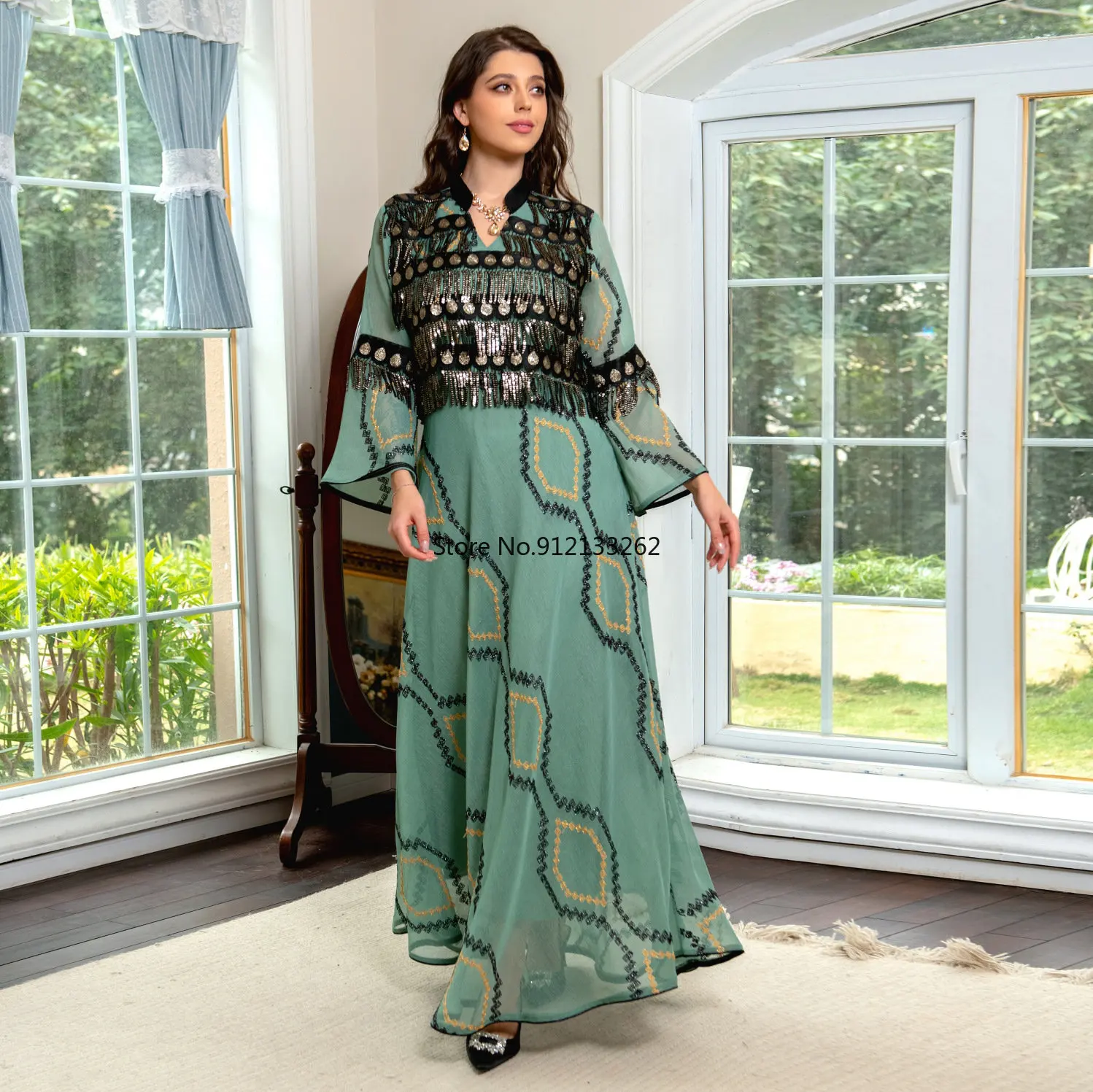Muslim Fashion Summer Women Long Sleeve V-neck Polyester Sequined Long Abaya Muslim Dress Abaya Dress Clothes for Muslim Women
