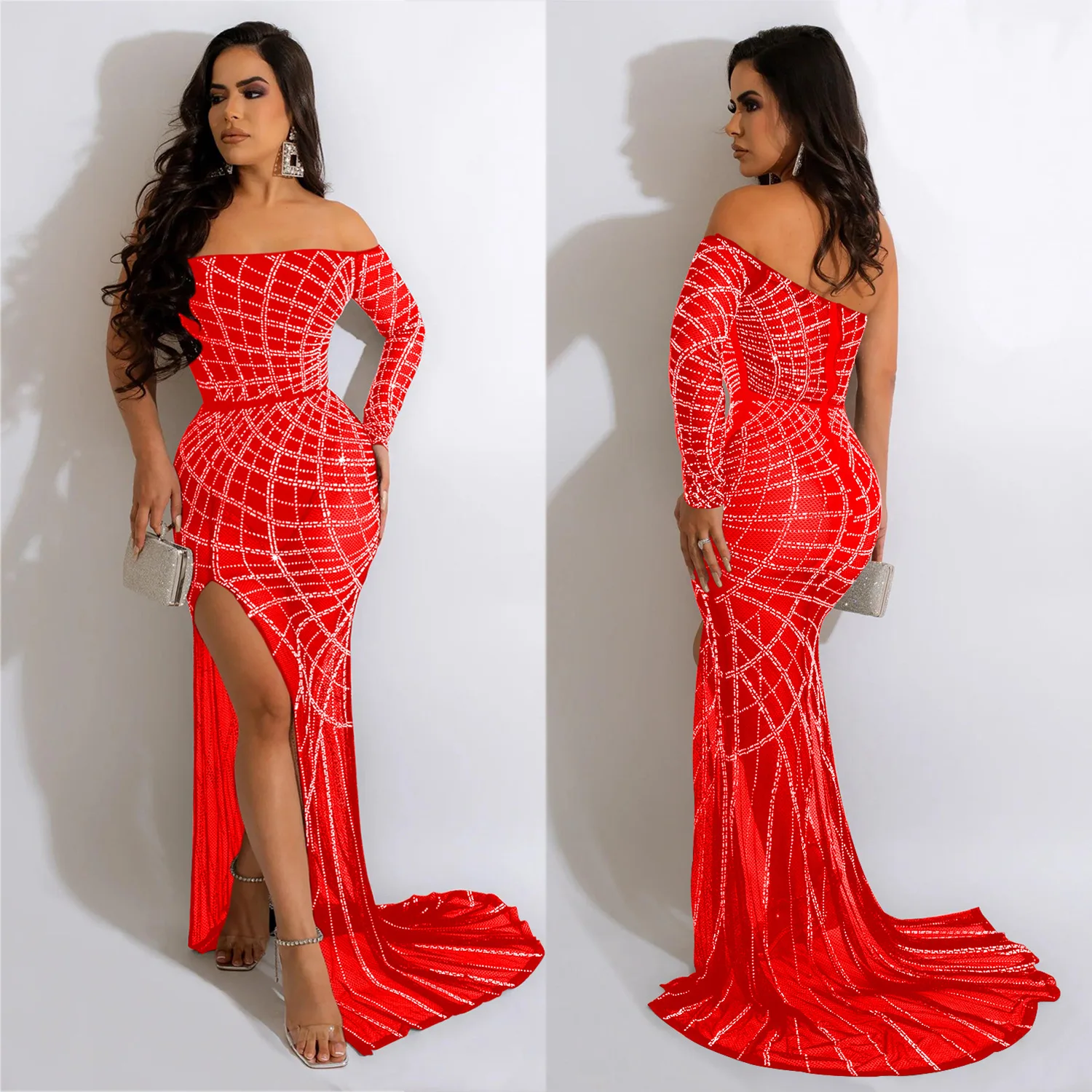 Women Sexy Cocktail Dress Diamond Design Off-Shoulder Long Sleeve Prom Party Dress Bodycon Hollow High Split Nightclub Dresses
