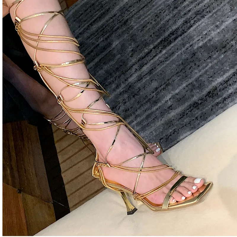 Lace Up Women's Open Toe Sexy Fashion High Heel Sandals Thin Strap Square Toe Chain Zipper Ladies Sandal Boots Gold 34-40 Yards
