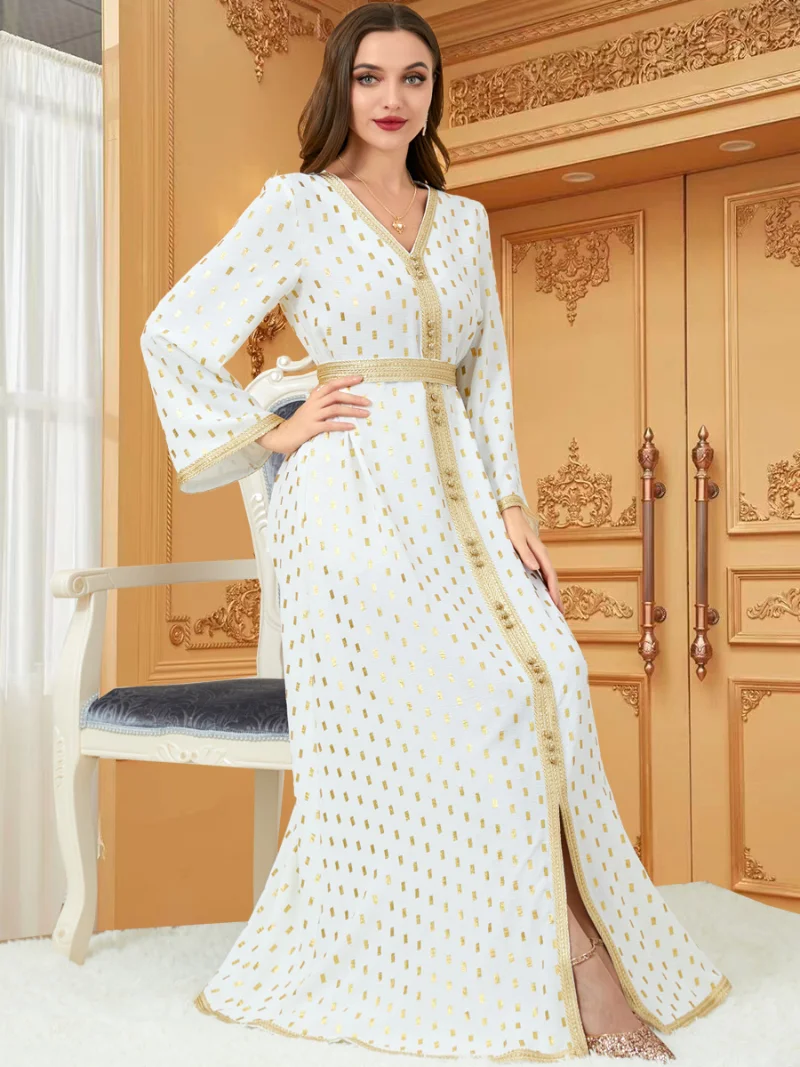 Dresses For Women 2022 Tape Trim V-Neck Button Long Sleeve Maxi Dress Turkey Dubai Arabic Oman Moroccan Caftan Muslim Clothes