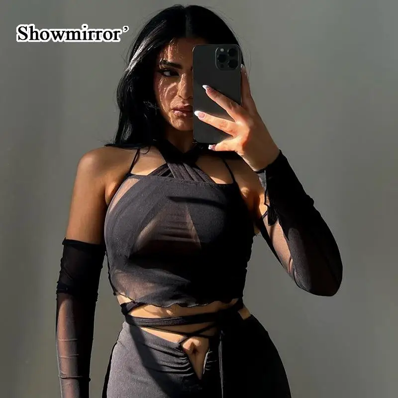 

Showmirror Women Mesh Crop Top Halter Neck Shoulder Off Long Sleeve See Through Stretch Skinny T-Shirt Casual Trend Tees