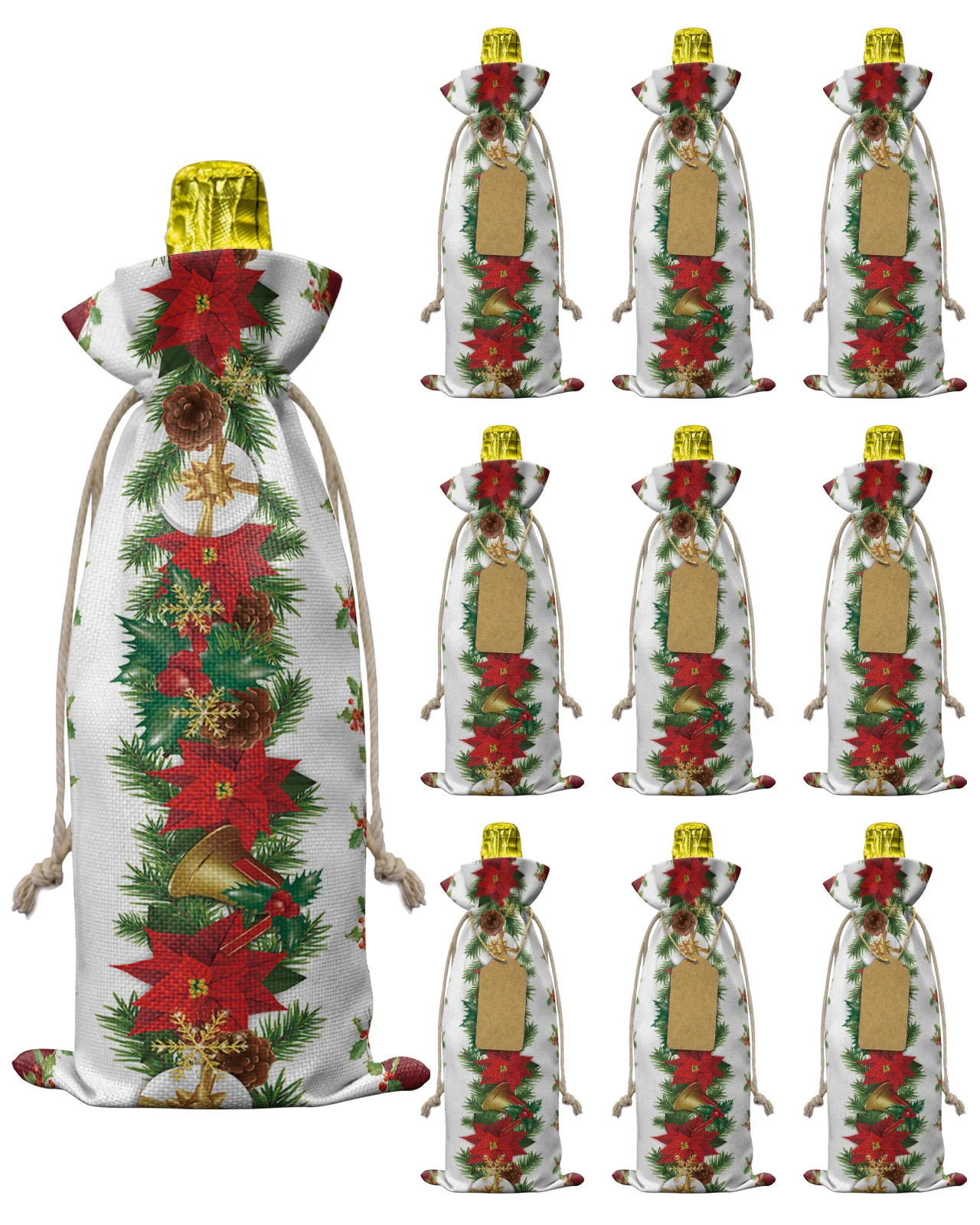 

10pcs Christmas Flower Berry Bell Gift Wine Bottle Bag Christmas Decor for Home Wine Bottle Cover Wedding Party Decor Wine Bags