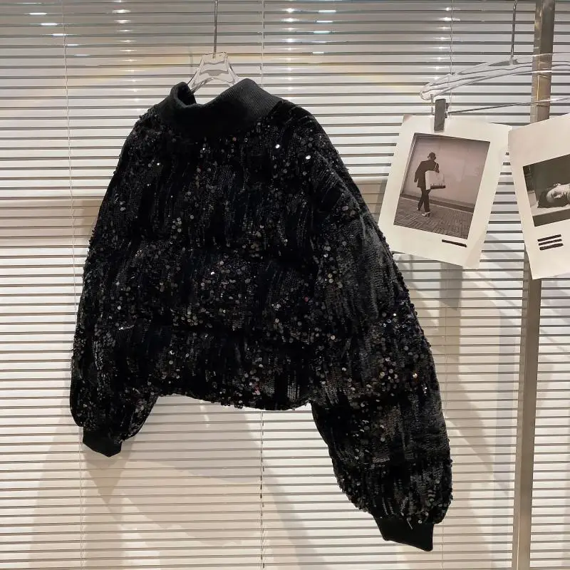 2021 Winter New Ladies Streetwear Short Velvet Gradient Sequin Short Jacket Women's Fashion Simple Solid Color Cotton Coat