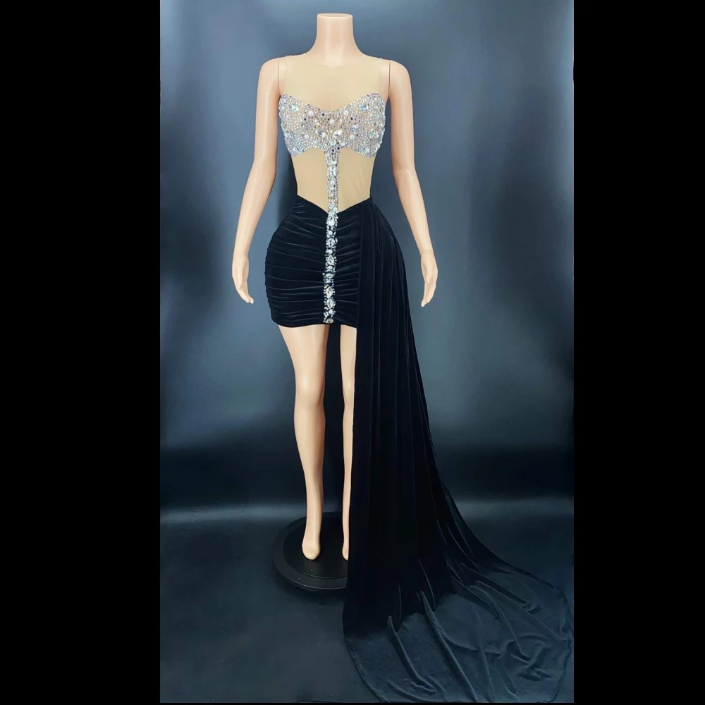

Обнаженные блестящие стразы без рукавов с черным лебедем, бархатное длинное пикантное женское платье для вечеринки, дня рождения, тканевые сценические костюмы певицы