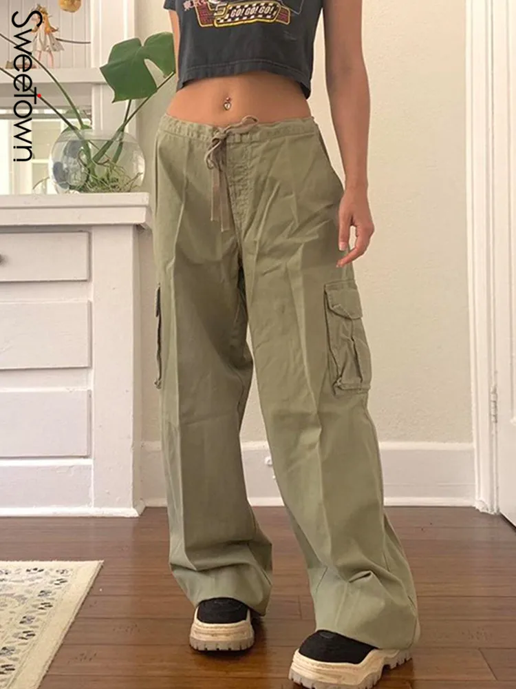 

Sweetown Retro Green Pockets Streetwear Y2K Cargos Pants Women Drawstring Low Waist Casual Vintage 90s Baggy Straight Trousers