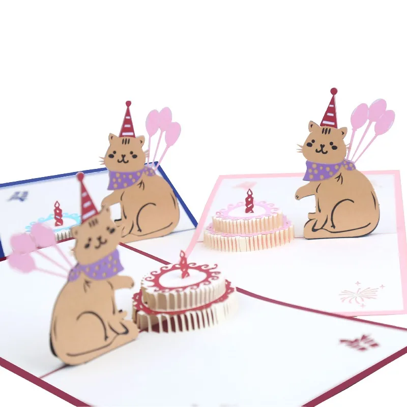Фото 3D открытка-сюрприз в стиле поп-ап с кошкой, поздравительная открытка на день рождения, бумажная открытка с вырезанным тортом, креативный подарок ручной работы на день рождения №1