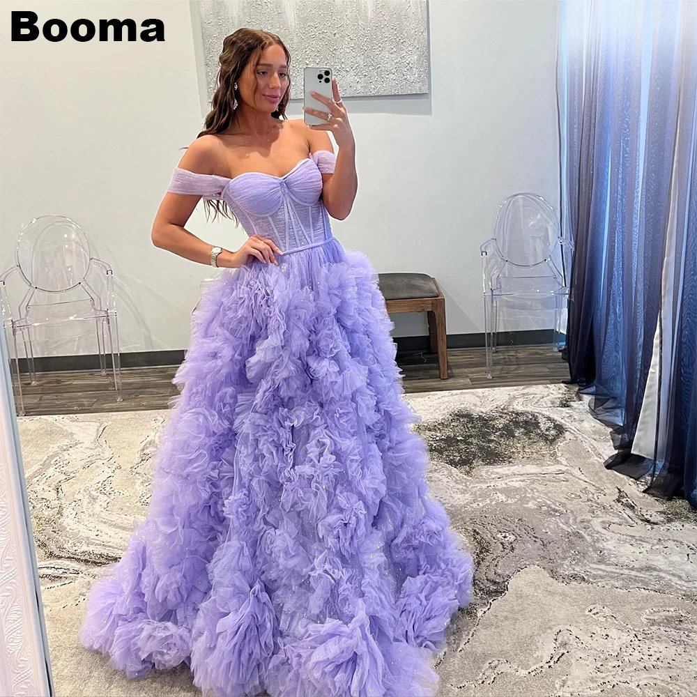 

Booma Lavender Evening Dresses Sweetheart Off Shoulder Pleat Tulle Prom Party Dresses Leg Slit A Line Events Celebrate Gowns