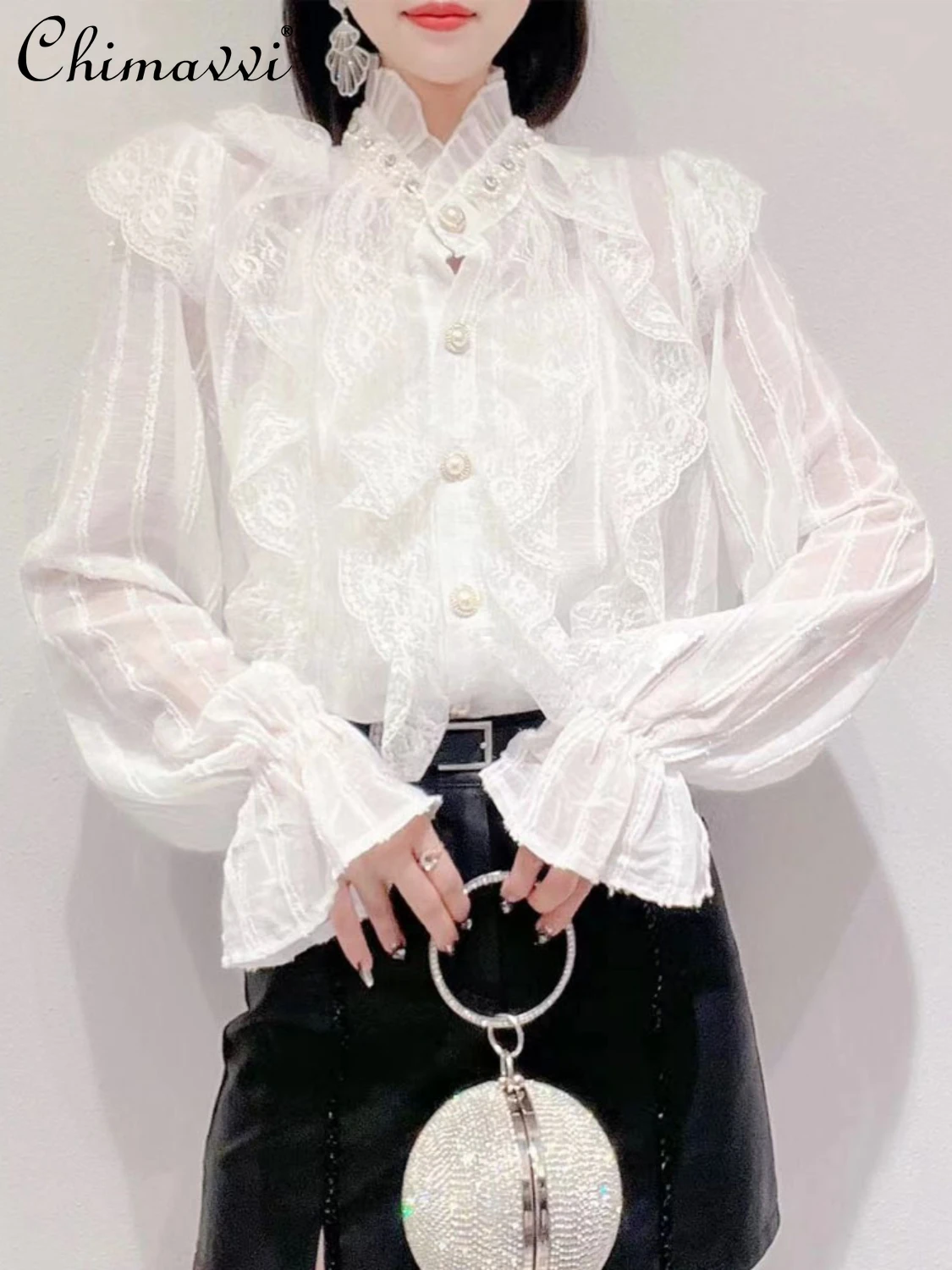 

White Shirt Autumn New Exquisite Rhinestone Blouse Stringy Selvedge Stand Collar Bell Sleeve Lace Ruffled Chiffon Shirts Women