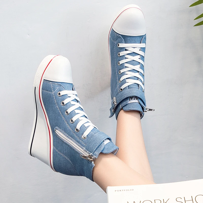 LLUUMIU New Women High Top Canvas Shoes Wedge Women's Denim Ankle Sneakers Lace Up Ladies Ankle Canvas Shoes Woman 8cm Heels
