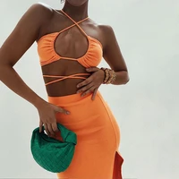 two piece set women outfit sexy hollowed out bandage halter neck top slim slit skirt 2022 summer gathered elegant club suit