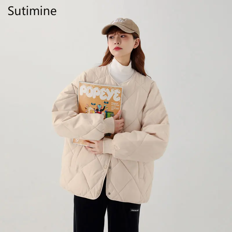 Argyle Cotton Jacket Women New Down Cotton O-Neck Cotton Jacket Short Coat Office Lady Winter Coat for Women Pockets Coat Women