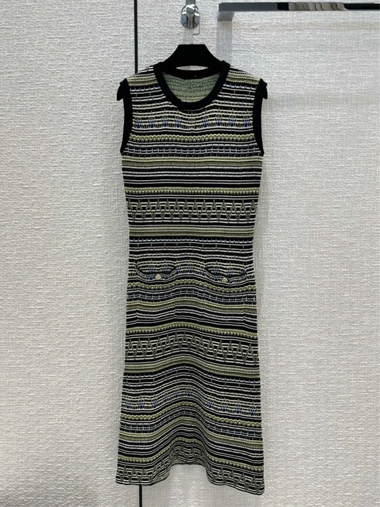 

Women Fashion Ethnic Style Sleeveless Knitted Long Dress Round Collar Striped Elastic Elegant Dresses