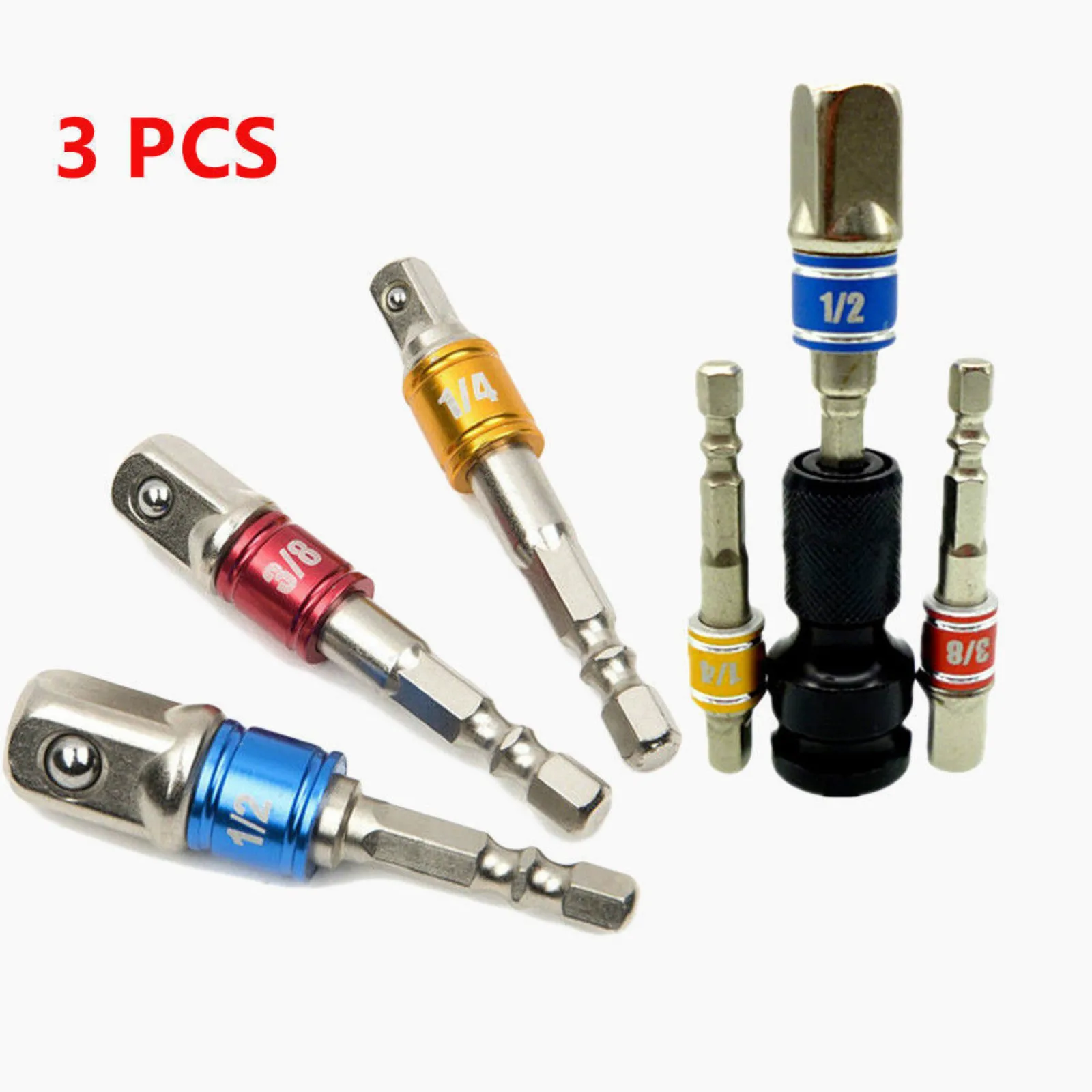 

3pcs/set Chrome Vanadium Steel Socket Adapter Hex Shank to 1/4" 3/8" 1/2" Extension Drill Bits Driver Electrical Drilling Heads