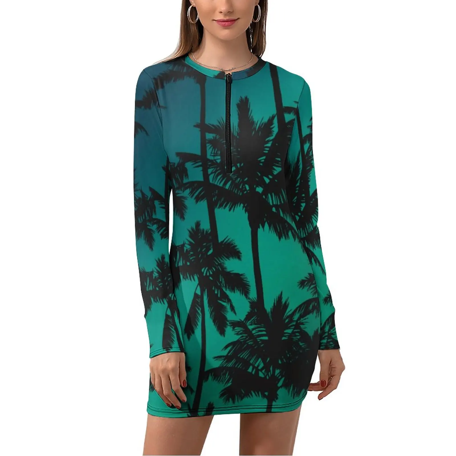 

Hawaii Beach Bodycon Dress Women Palm Tree Pirnt Pretty Dresses Spring Long Sleeve Basic Trendy Dress Big Size 2XL