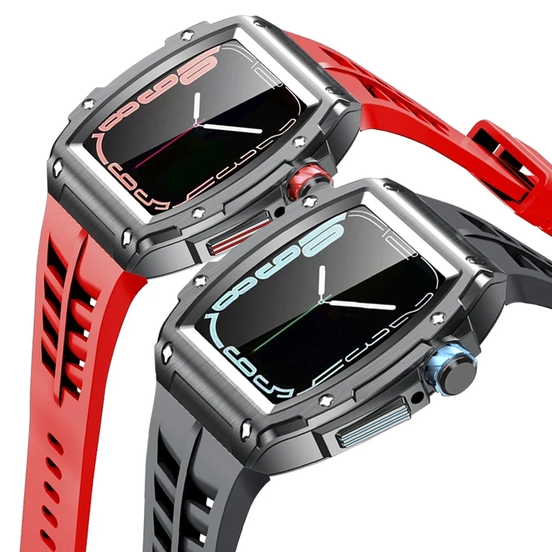 Luxury Modification Kit For Apple Watch Case 45mm 44mm Rubber Strap Aluminum Alloy Case for iWatch Series 7 6 SE 5 4 Accessories