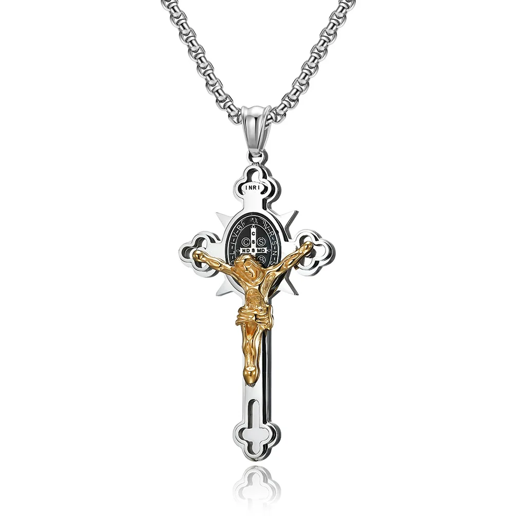 

Punk Rock Stainless Steel Saint Benedict Holy Ndsmd Cssml INRI Crucifix Jesus Cross Pendants Necklace For Men Jewelry