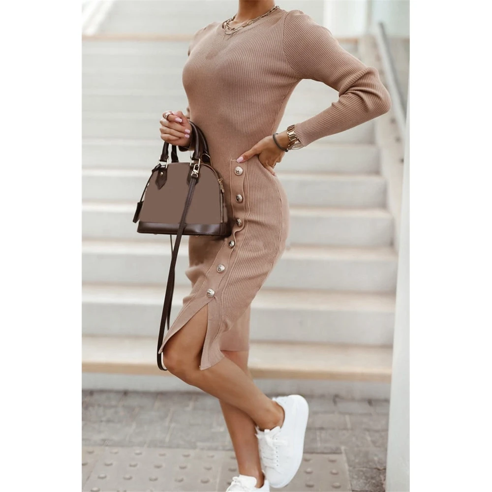 

2022 Women's Autumn Knit Vestidos Winter Slim Straight Studded Hem Split O-neck Long Sleeve Office Lady Basic Midi Dress S-3Xl