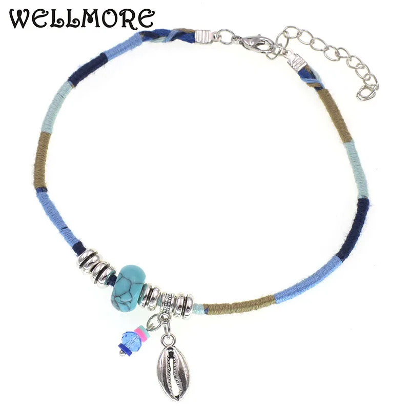 

WELLMORE Bohemia stone beads anklets for women Colorful rope chain shell anklet bracelet fashion foot jewelry wholesale