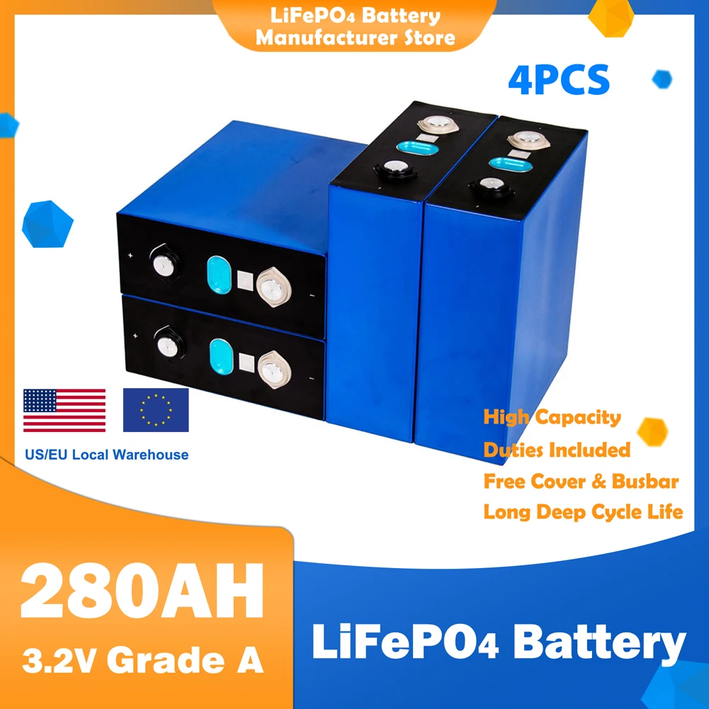 

LiFePO4 3.2V 280Ah LiFePO4 Rechargeable Plastic Lithium Iron Phosphate Battery Solar DIY Cell for RV EV Boats Golf Carts Vans