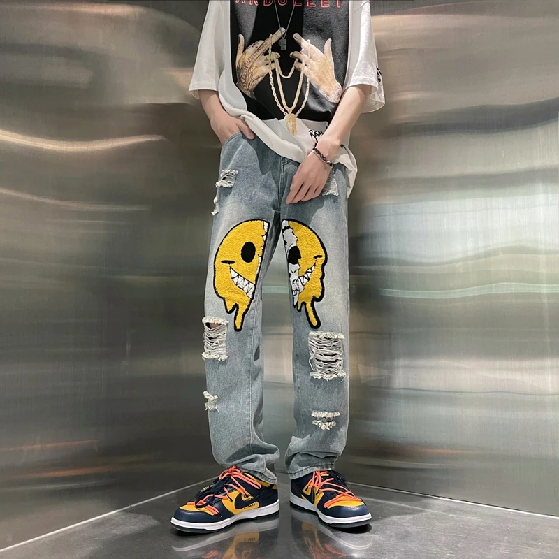 

New Arrival Distressed Wash Old Broken Face Women's Denim Pants Long Jeans Streetwear Unisex Men Jogger Cargo Trousers Hip Hop