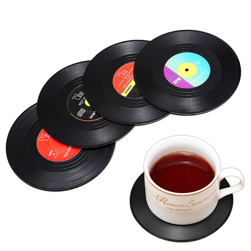 

2/4/6pc Record Cup Plastic Retro Disk Cup Mat Anti-slip Coffee Coasters Heat Resistant Drink Mug Mat Table Placemat Holder Home