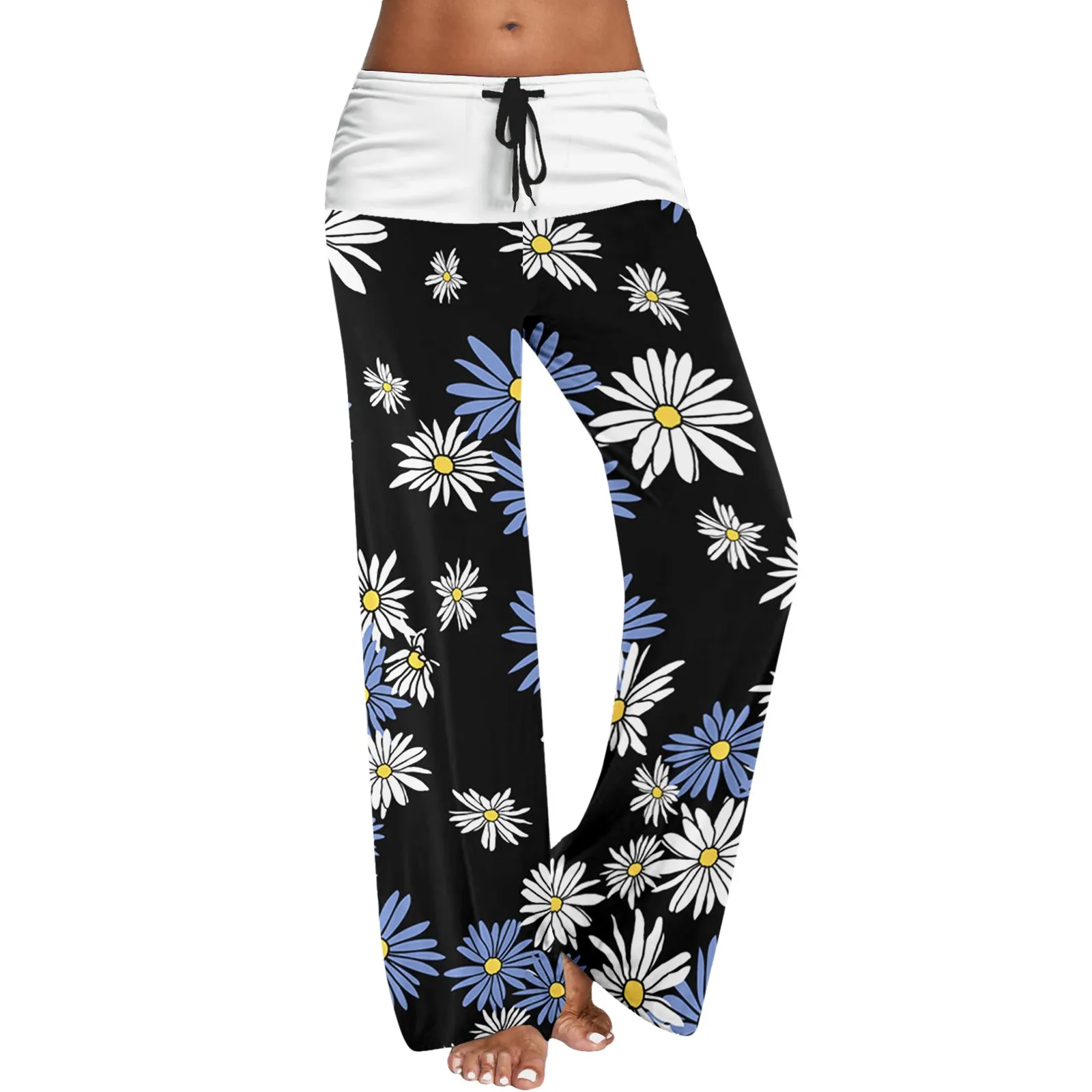 Fashion Women Casual Loose Stretch Trousers Vintage Floral Print Wide Leg Pants Wide Waistband Patchwork Leggings Elastic Pant