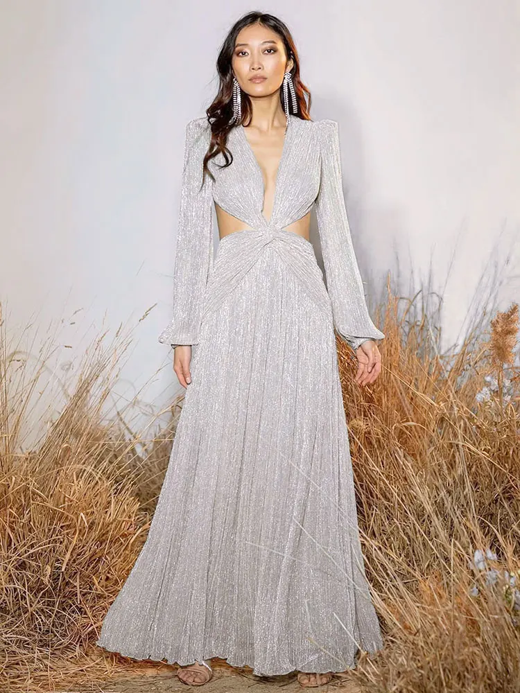 Женское ажурное платье с V-образным вырезом длинным рукавом-фонариком и открытой