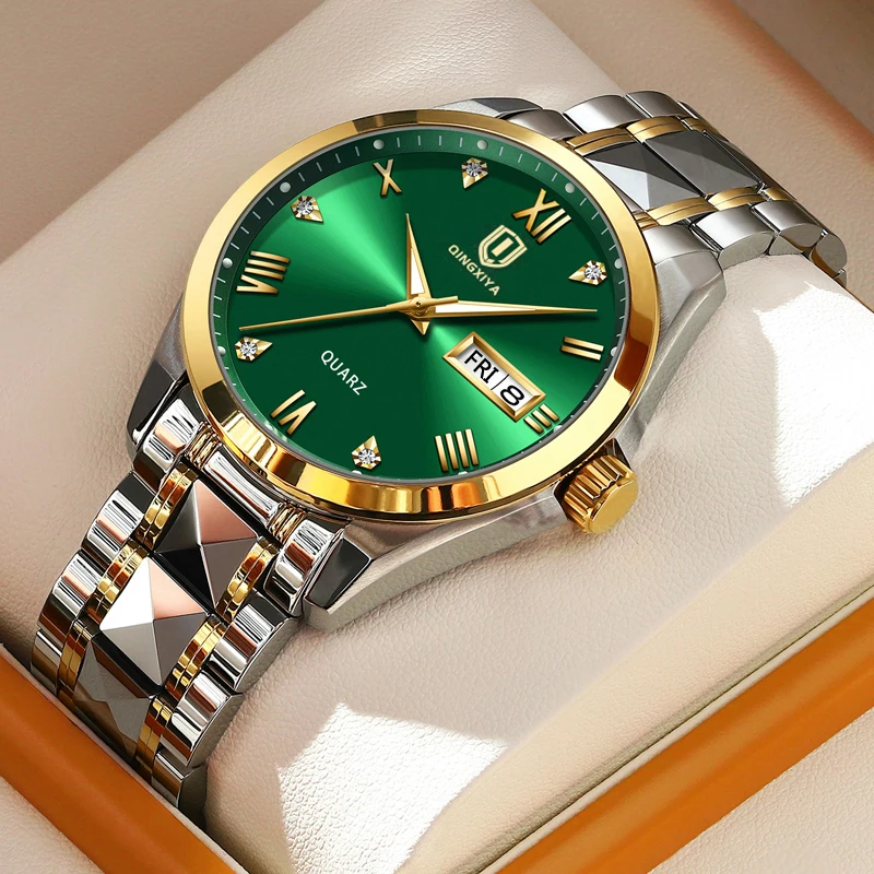 

QINGXIYA 2022 Top Brand Green Watch Men Stainless Steel Business Date Waterproof Luminous Watches Luxury Quartz Wristwatch 6665