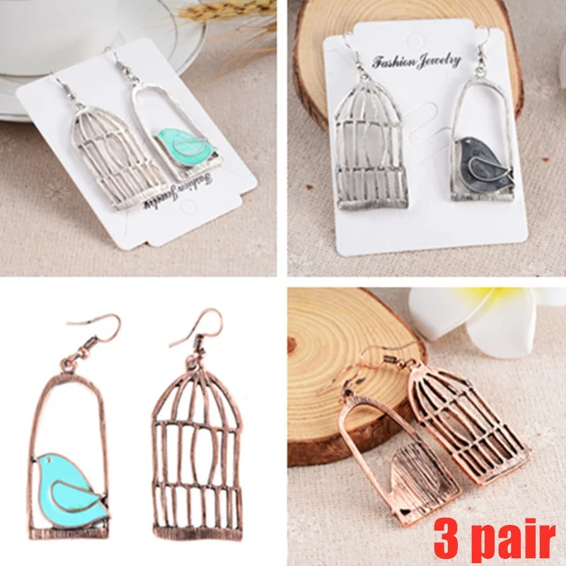 

1/3 pairs Asymmetric Jewelry Birdcage Bird In Cage Enamel Animal Antique Bronze Plated Earrings Dangle Earring Women