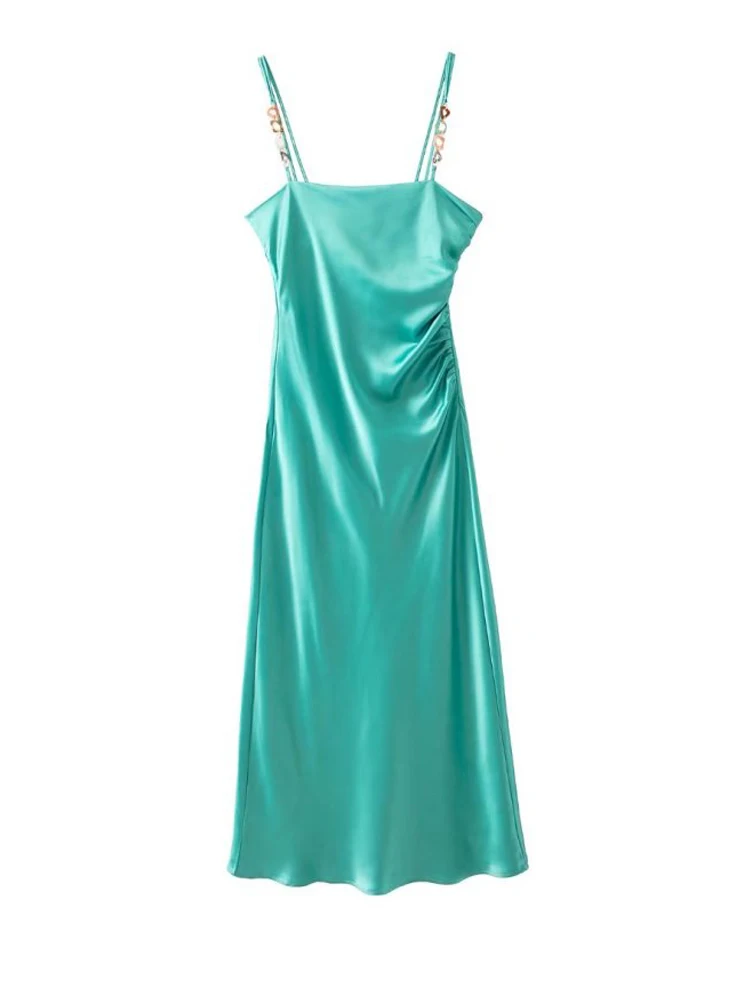 

KJMYYX New Women Fashion Soft Touch Draped Midi Camisole Dress Vintage Backless Side Zipper Thin Straps Female Dresses Vestidos