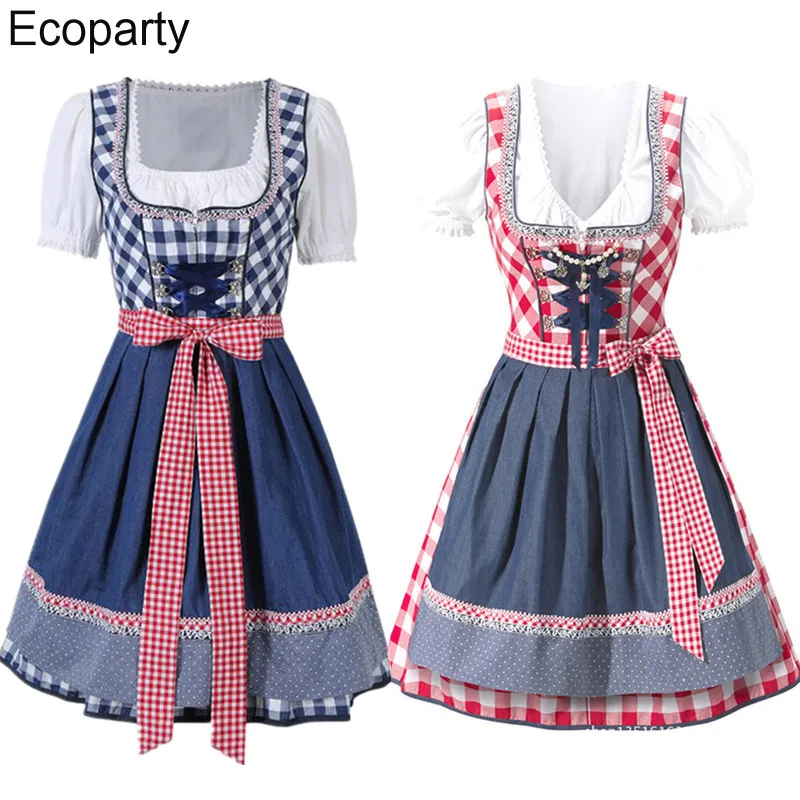 

Traditional Women Oktoberfest Dirndl Dress Bavarian Beer Maid Costume Party Female Cotton Embroidered Short Sleeve Dress 35
