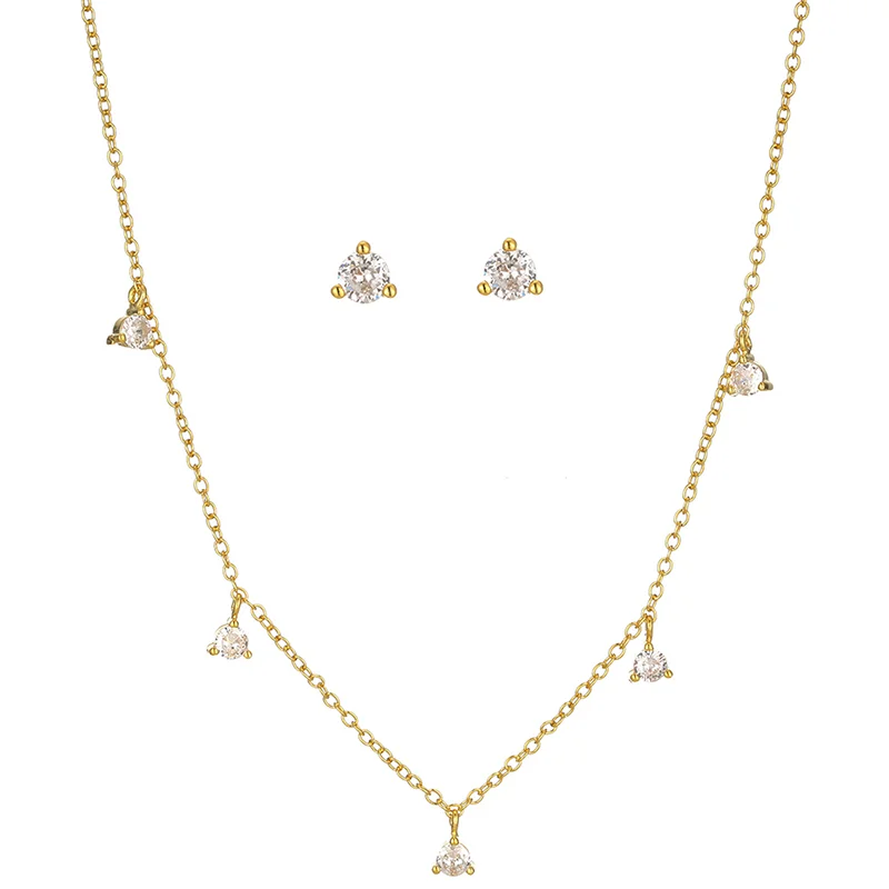 

Classic Three Claw Zirconia Gold Necklace Earrings Set Women's Party Glitter Jewelry Accessories Daughter Birthday Surprise Gift