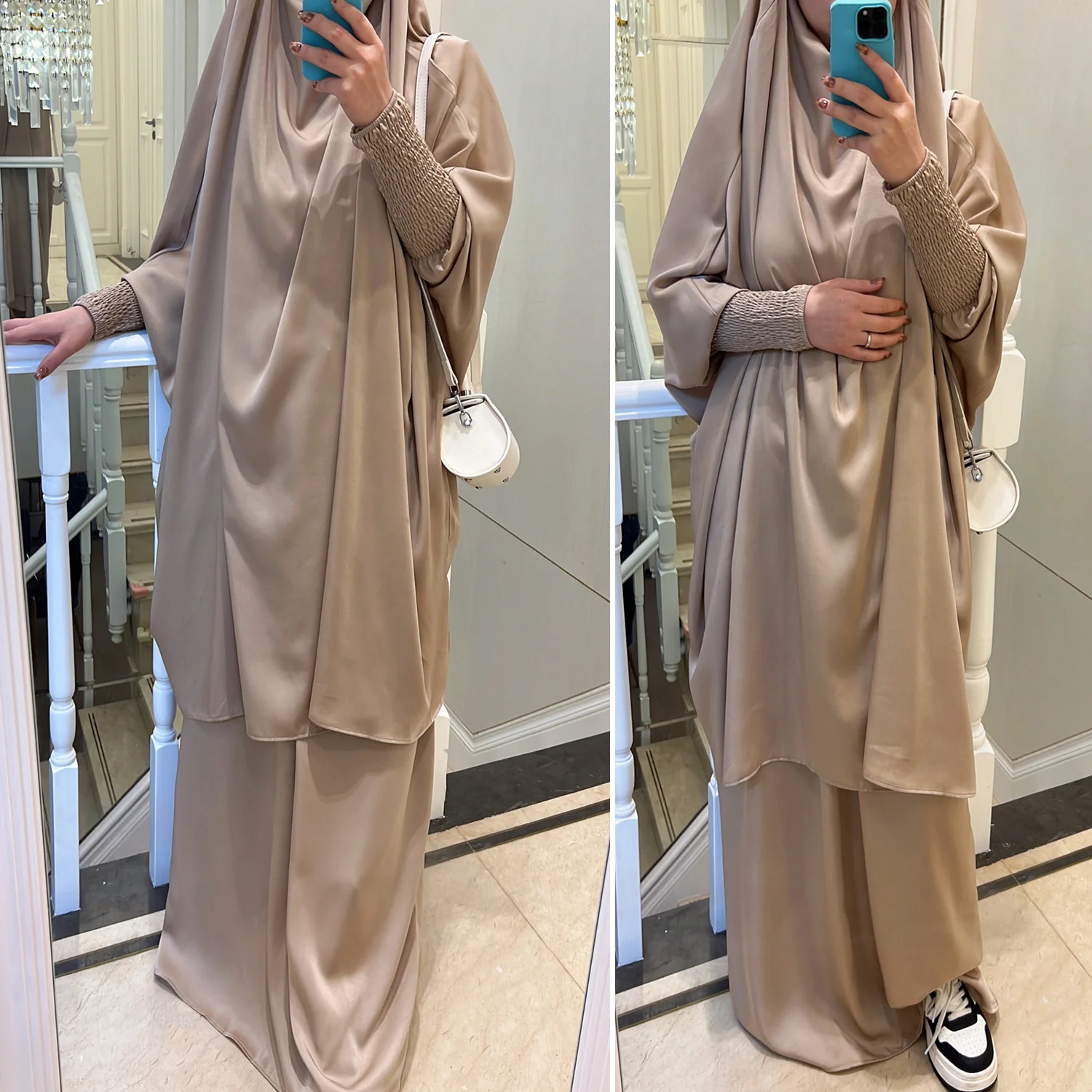 Muslim Satin Abaya For Women Skirt Jilbab 2 Two Piece Set Hooded Abayas Ramadan Eid Prayer Garment Dubai Turkey Islamic Clothing
