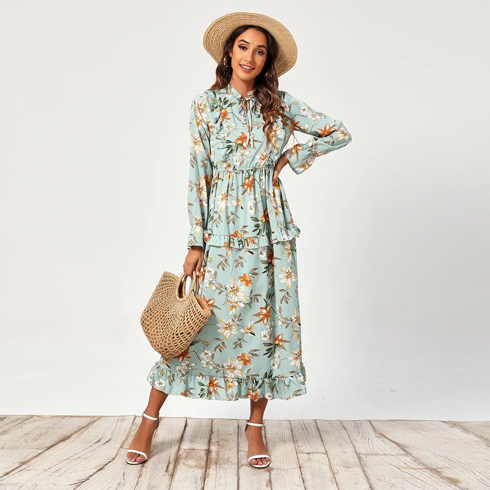 

Женское шифоновое платье EVNISI в богемном стиле с длинным рукавом и цветочным принтом, новый дизайн, подол с оборками, повседневный принт