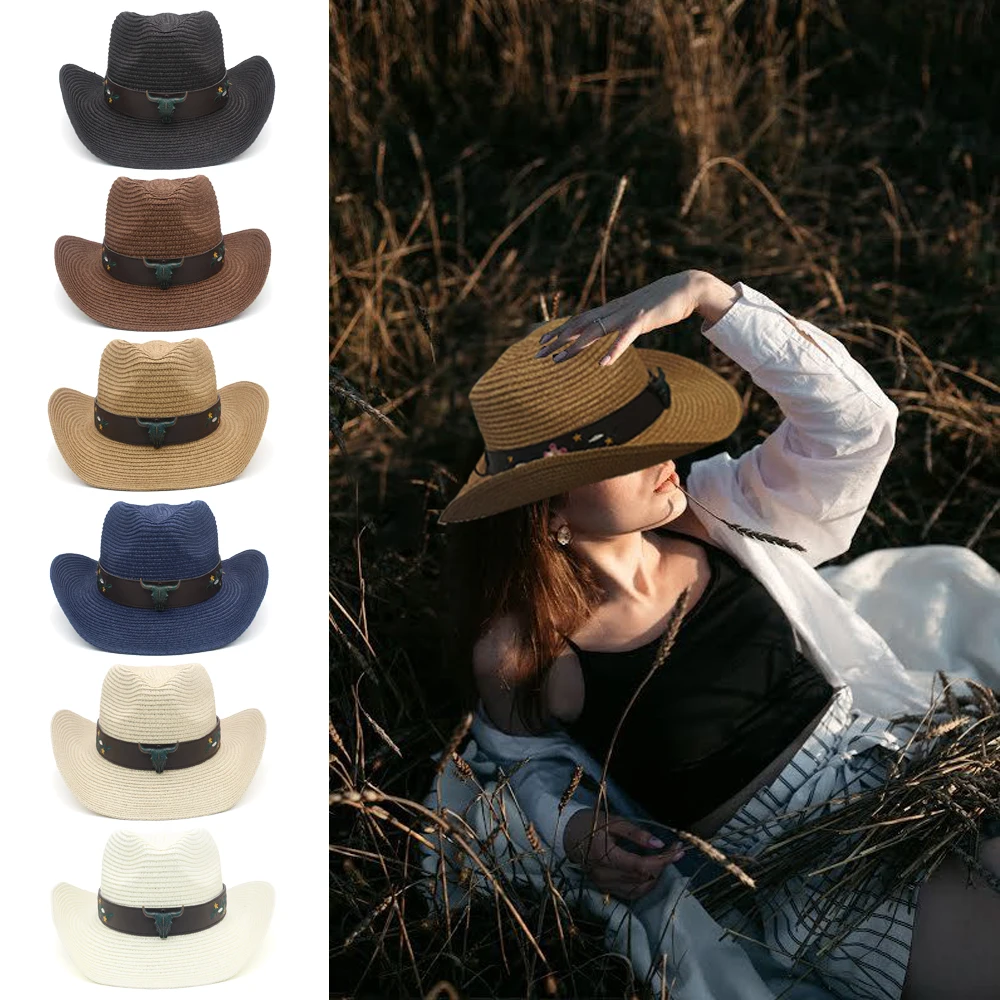 

Men Women Soft Straw Western Cowboy Hats Wide Brim Sunhat Party Travel Outdoor Caps Classical Retro Sombrero UK Size L US 7 1/4