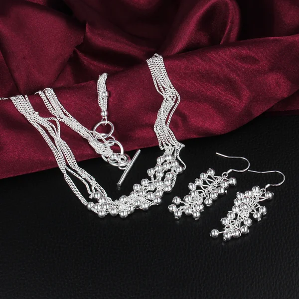 

Fine Pretty 925 Sterling Silver Multi-line tassel beads necklace earrings for woman Fashion Party wedding gifts Jewelry set
