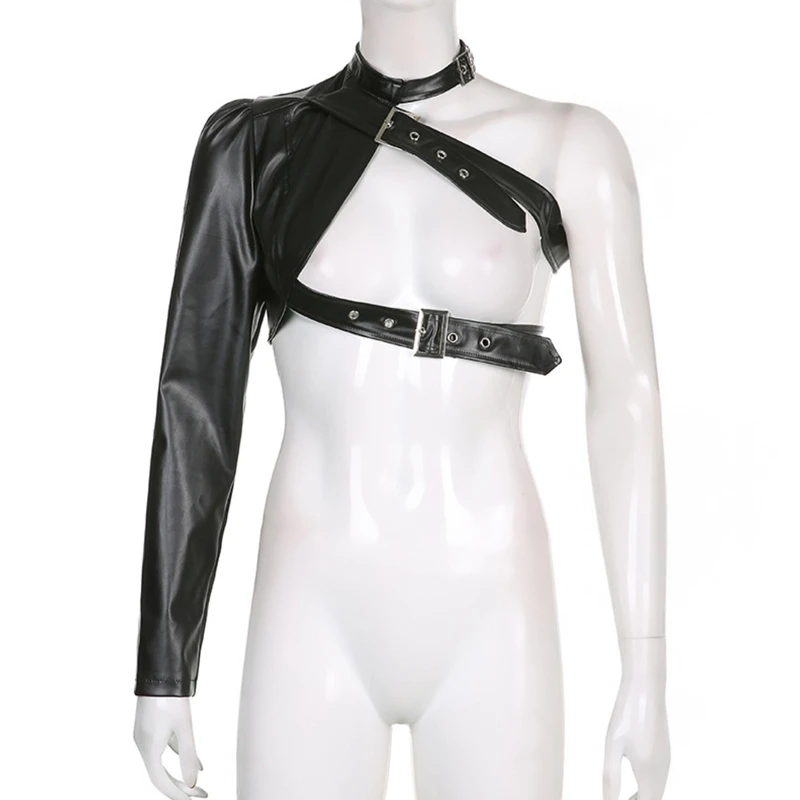 

Women Sexy One Shoulder Adjustable Buckle Crop Tops Form Fitting Shrugs drop shipping