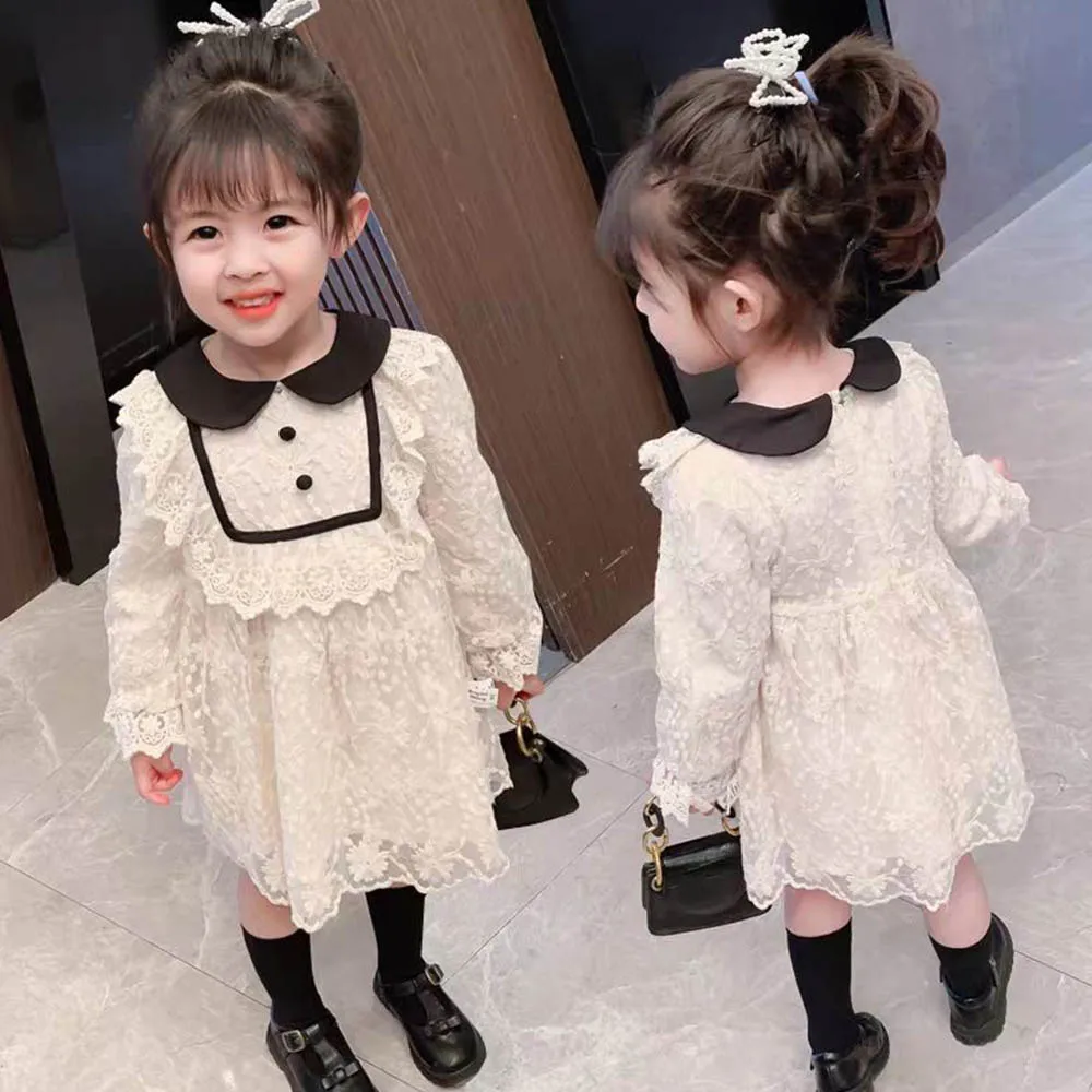 

Girl Dress Clothes 2022 Spring New Kids Peter Pan Collar Long Sleeve Lace Princess Dress Fashion Tutu Dress Birthday Party Dress