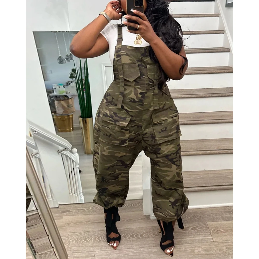 Women Camouflage Print Pocket Design Cargo Suspender Jumpsuits 2023 Lady Summer Sleeveless One-Piece Jumpsuit Streetwear Overall