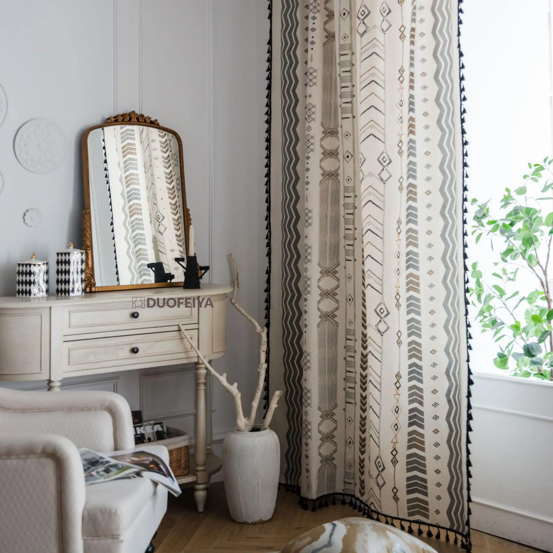 

Boho Geometric Tassel Window Curtains Semi Blackout Cotton Linen Drapes Window Curtain with Tassels for Living Room 1 Panel
