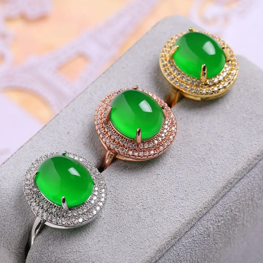 

Rose Gold Plated Green Jade Ring Adjustable Women Zircon Band Jadeite Rings Fine Jewelry Accessories For Girlfriend Mom Gifts