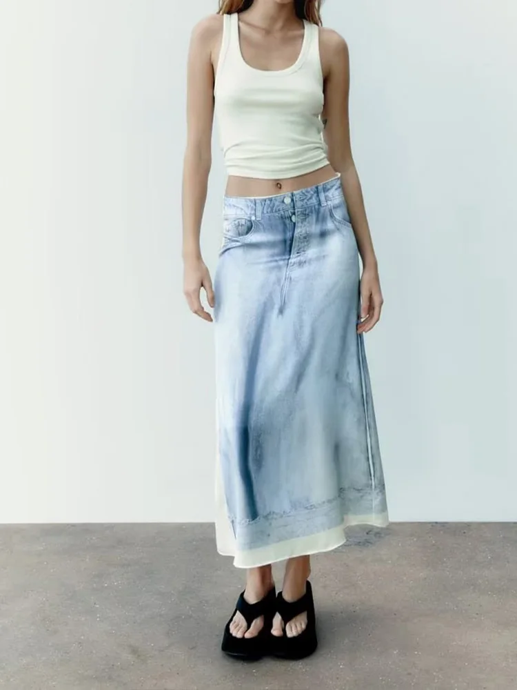 

New women's fashion retro all-match high waist side seam hidden zipper midi skirt high waist denim printed silk satin skirt