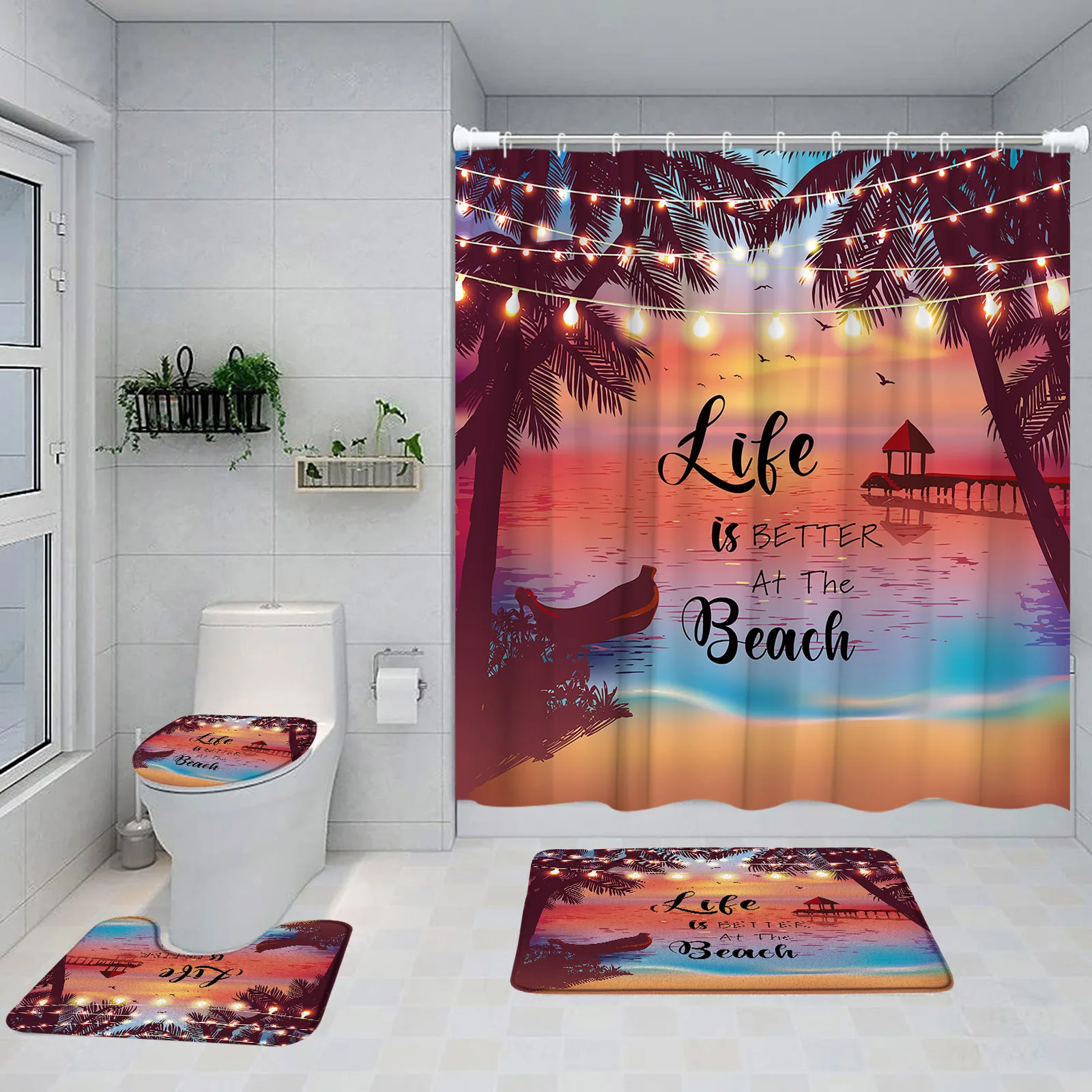 

Dusk Sunset Beach Shower Curtains Tropical Ocean Palm Tree Forest Waterfall Nature Scenery Cloth Home Decor Bathroom Curtain Set